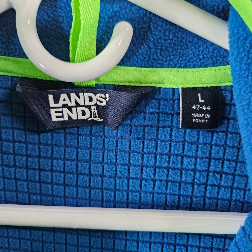 Lands End Mens Blue Grid Fleece Full Zip Jacket Lime Green Trim Large 42-44